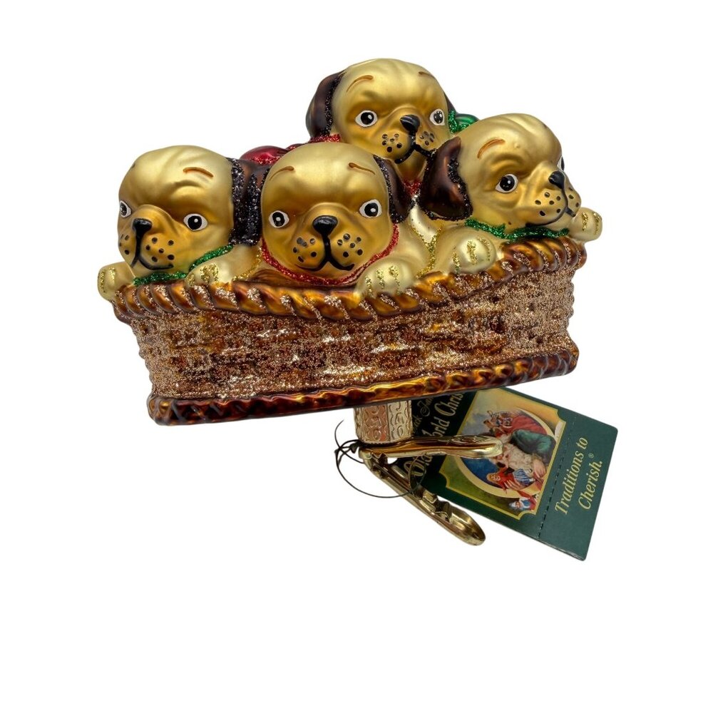 Old World Christmas Basket of Puggles clip on glass ornament Pugs Dogs Glittery